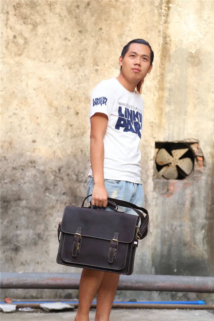 

NEWEEKEND Retro Casual Genuine Leather Crazy Horse 14 Inch Cowhide Crossbody Briefcases Handbag laptop Ipad Bag for Man 6912