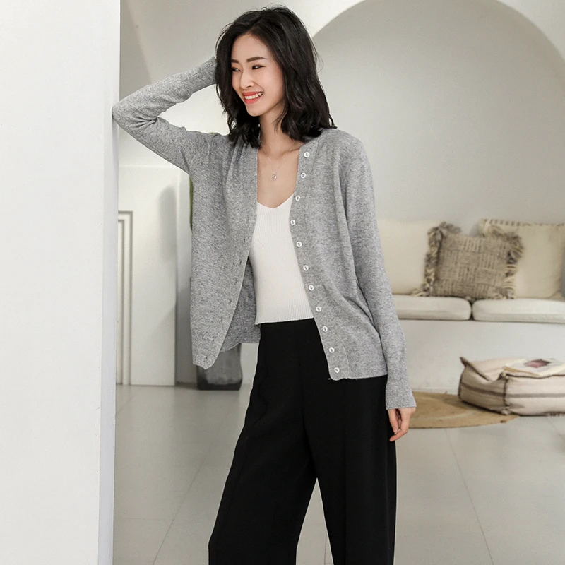 Women's Long Sleeve Knitted Cashmere Cardigan Sweater Ladies Autumn V-Neck Solid Cardigans Female Fashion Trendy Tops Beige grey |