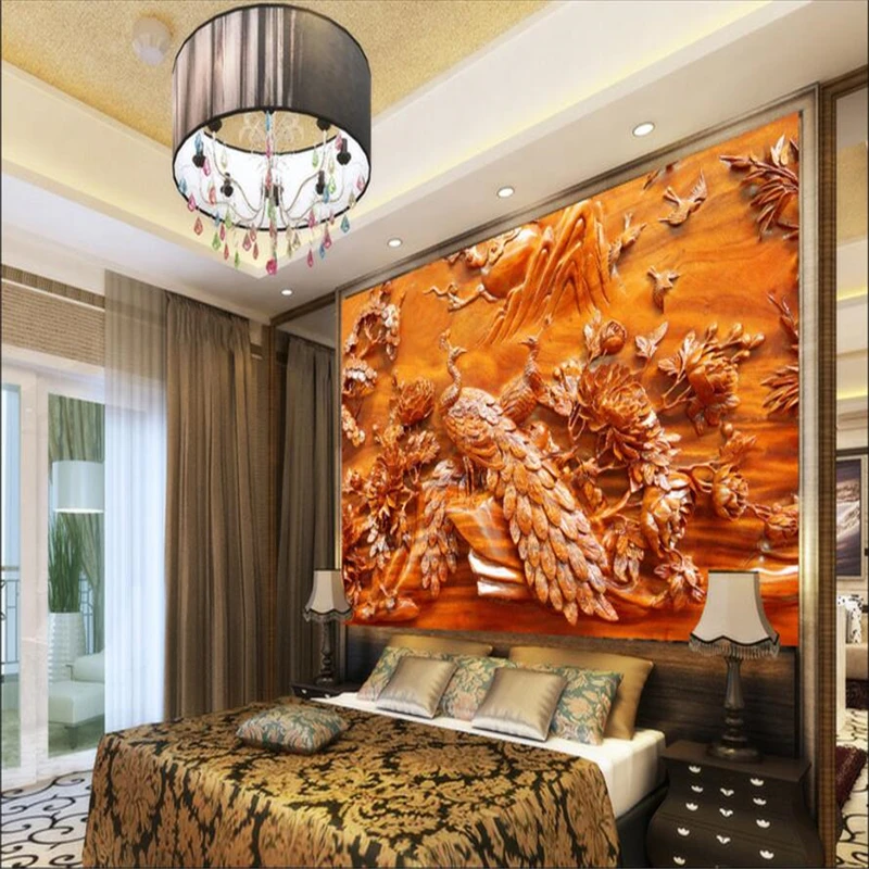 beibehang Custom 3d wallpaper atmosphere phoenix flower bird mood wood carving murals sofa TV living room background wall | Обустройство