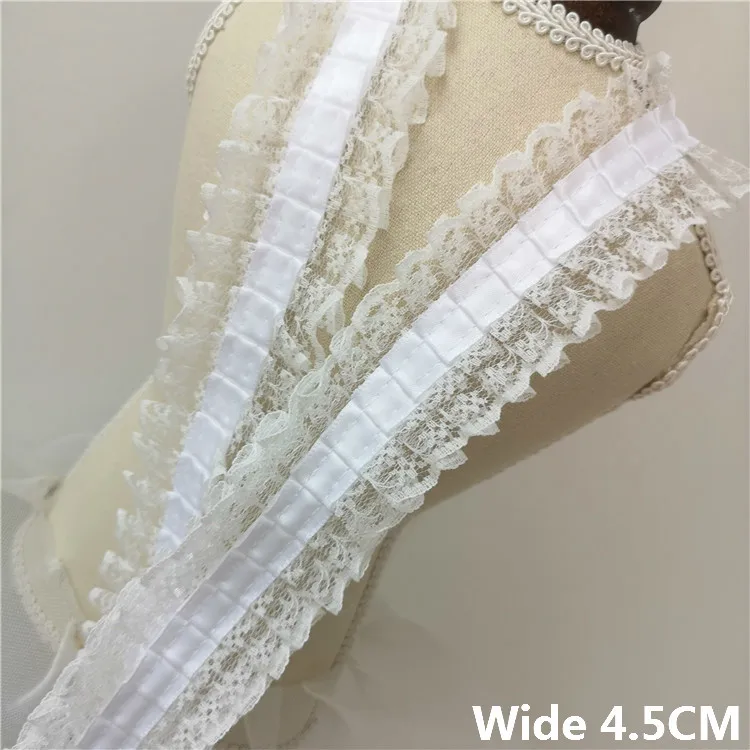 

4.5CM Wide White Black Satin Chiffon Splice Guipure Lace Fabric Collar Neckline Laces Trim Pleated Ribbon Cloth Sewing Supplies