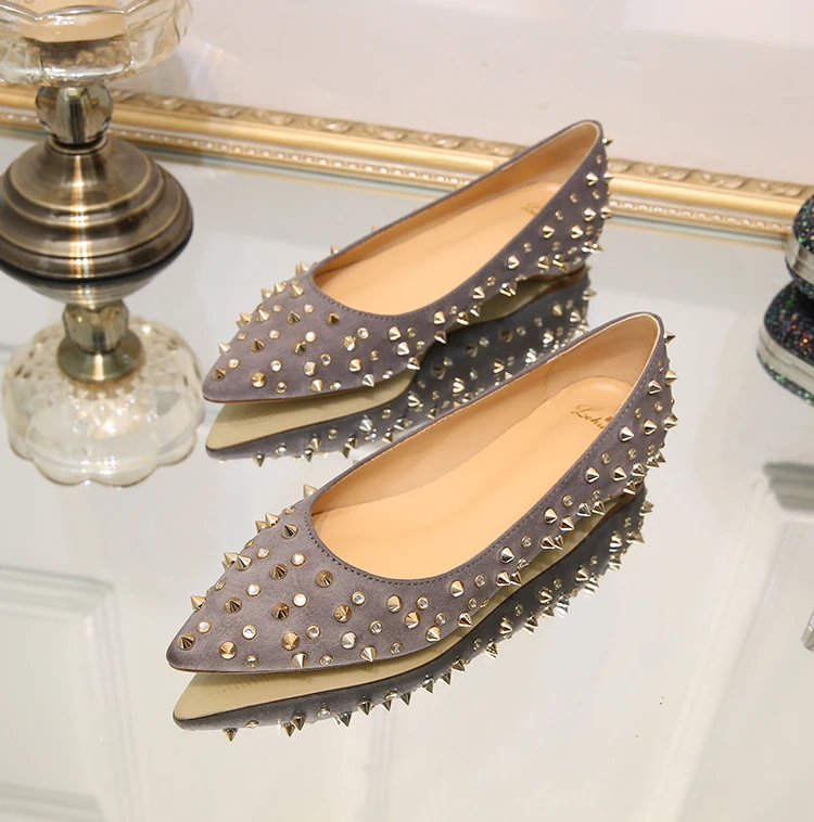 2018 Fashion rivets women flats shoes Sexy Pointed toe low heels lady party casual suede wedding motorcycle GREY 34 | Обувь