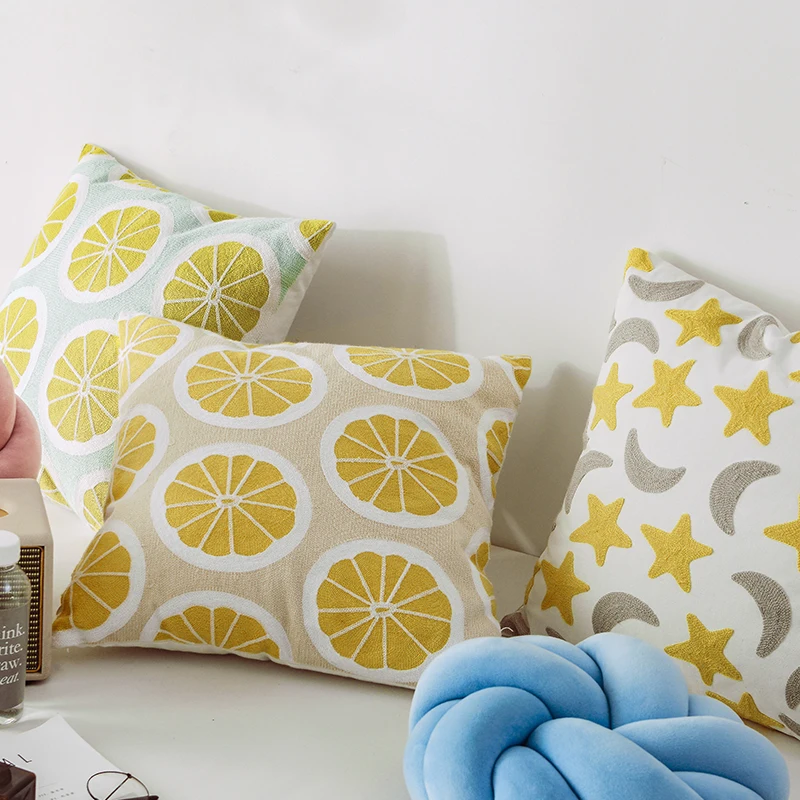 

Lemon Cushion Cover Yellow Moon Star Pillowcase Canvas Cotton Square Embroidery Pillow Cover 45x45cm Decoration Nursery Room