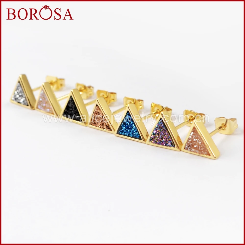 BOROSA 5/10 пар, треугольные серьги-гвоздики золотого цвета, радужные титановые серьги-гвоздики Druzy, модные серьги Drusy, ювелирные изделия для женщин ZG0279