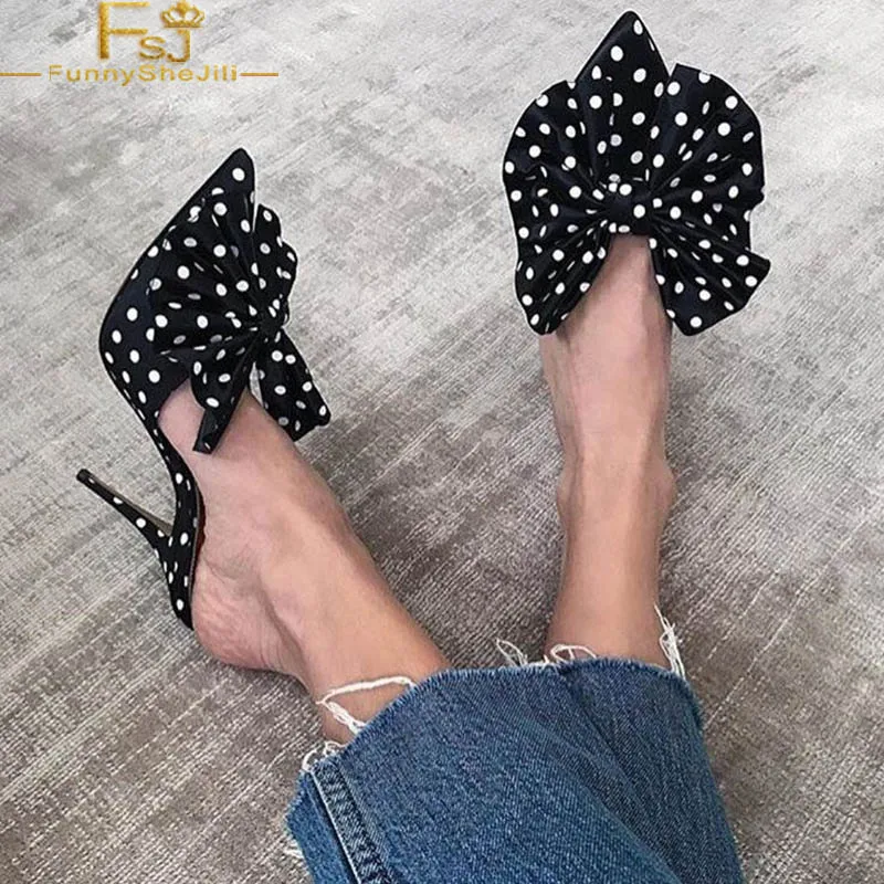 

Black High Heels Stiletto Heeled Mules Polka Dots Bow Pointy Toe Summer Spring Date Fashion Customize Woman Shoes Size 12 13 FSJ