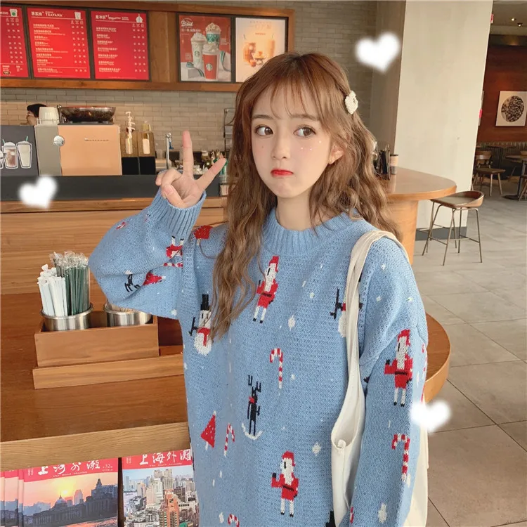 Tree&ampSea Sweet women Christmas sweater Women oversize winter red santa Knitted Sweater snowman Long Sleeve sweet Jumper Top | Женская
