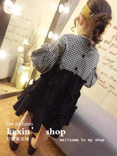 2018 new spring item girl cute plaid dress dorable design fake two pieces puff sleeve princess | Детская одежда и обувь