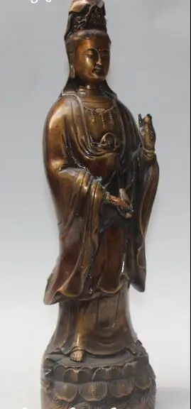 

16" Marked Chinese Bronze Stand Lotus Kwan-yin Guanyin Quam Yin Goddess Statue