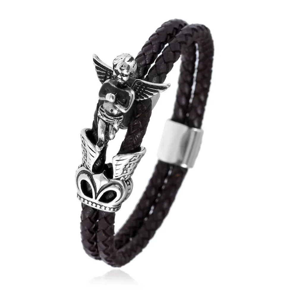 Genuine Leather Bracelet Men Angel Wings Stainless steel Bracelets | Украшения и аксессуары