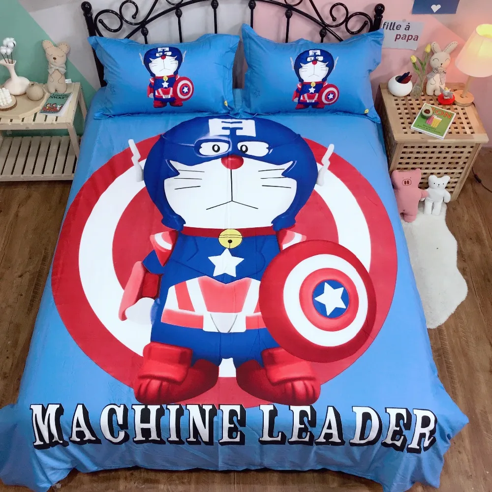 Постельное белье с аниме набор Doraemon Дети чистый хлопковое стеганное одеяло двойной королева король милый пододеяльник плоский лист музыка постельное белье