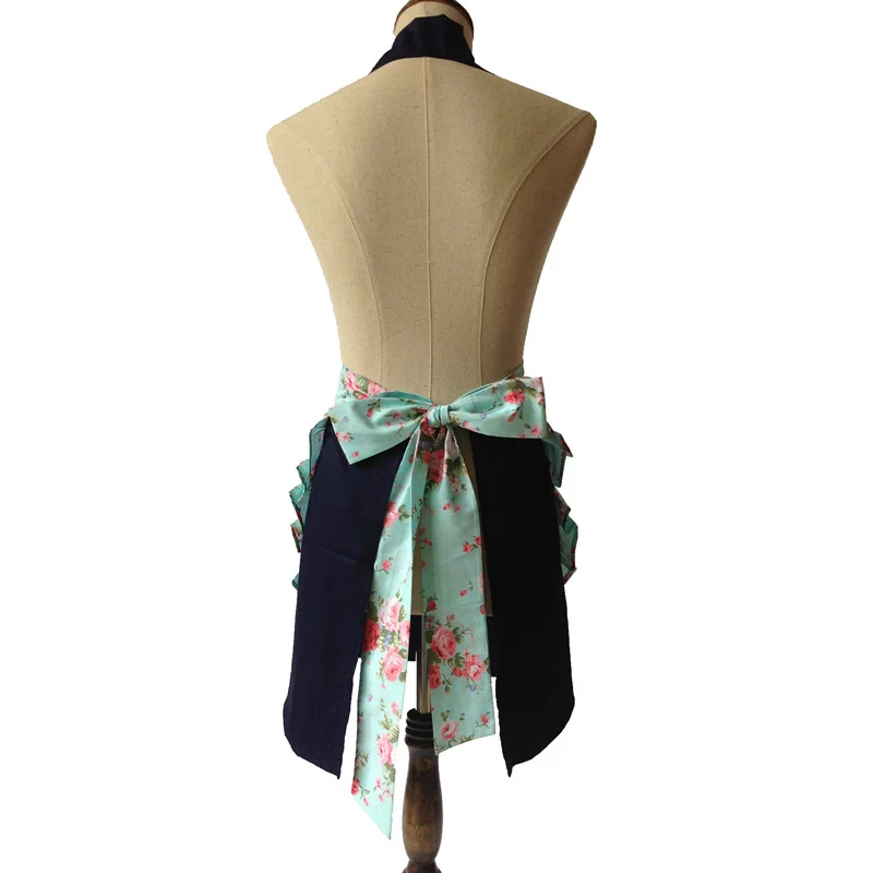 V образный вырез Ретро Кухня фартук Для женщин темно синего и розового цвета с