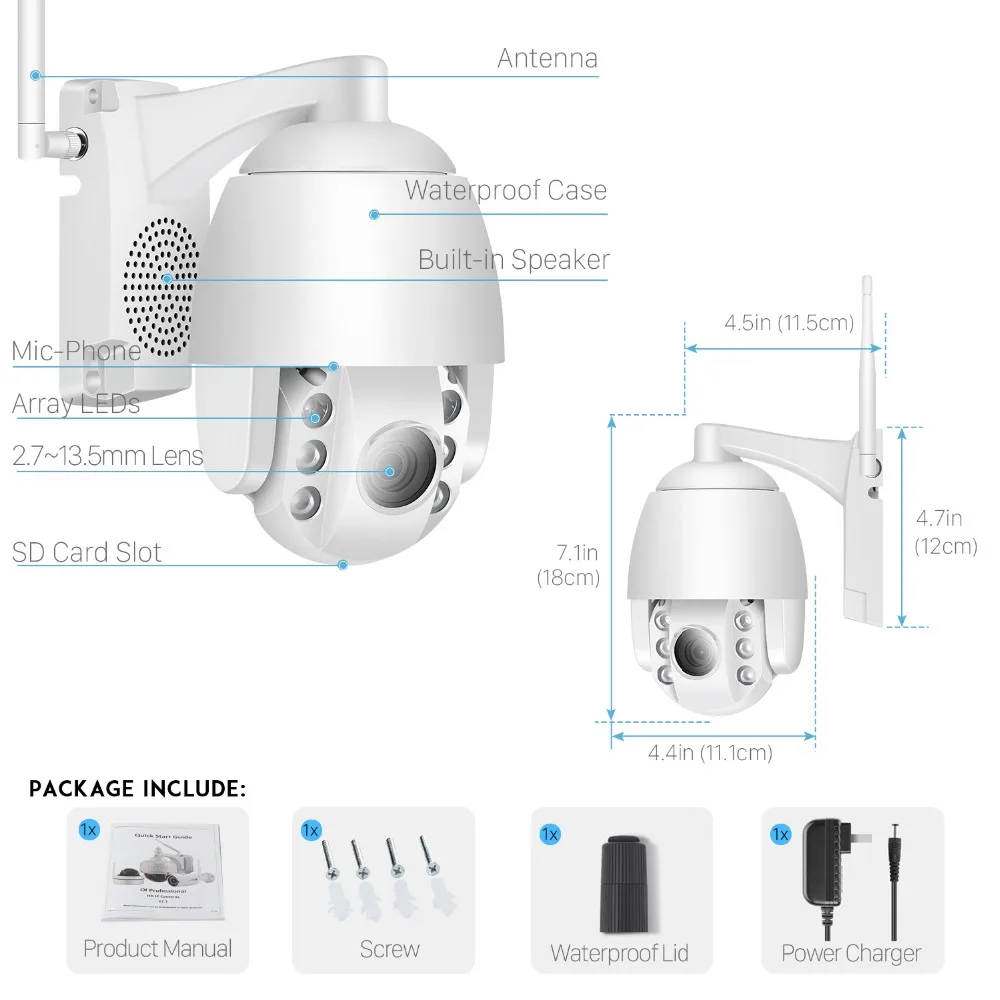 IP Камера уличная беспроводная 1080P Wi Fi PTZ 5 кратный оптический зум ночное видение ИК