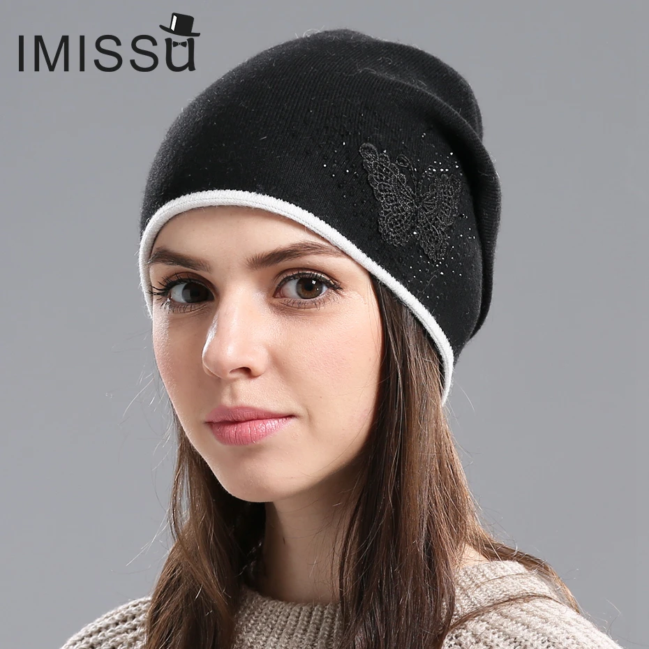 IMISSU женщин Зимние Шапки Вязаные Настоящее Шерсти Skullies Повседневная Cap Шапочка с