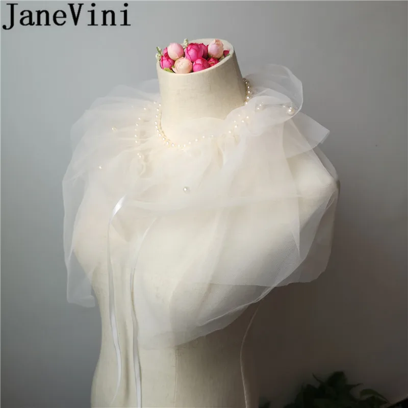 JaneVini/прозрачные тюлевые Свадебные накидки белого цвета, цвета шампанского, с жемчугом, женские летние болеро, болеро, Свадебная вечеринка, вечерняя шаль, обертывания, бруиды, Jas