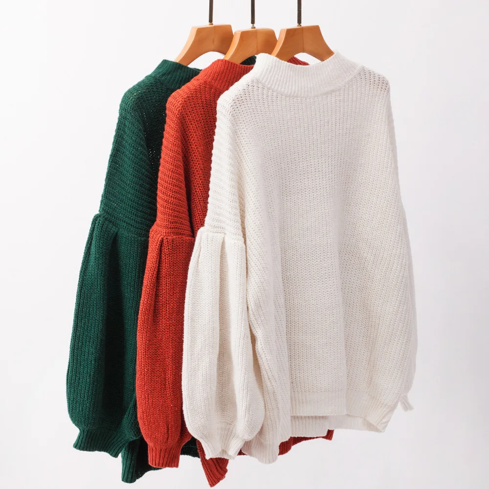 Женский трикотажный пуловер с длинным рукавом-фонариком и круглым вырезом |