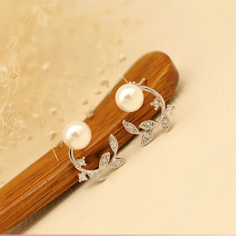 

Hot Sale Design 2017 New Fashion Lovely Leaves Pearl Shiny Zircon 925 Sterling Silver Stud Earrings for Women Girl Jewelry Gift