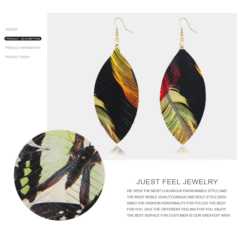 Tribal Leather Feather Leaf Print Earrings | Antique Look | Various Colors | Boho Dangle Earrings image 4