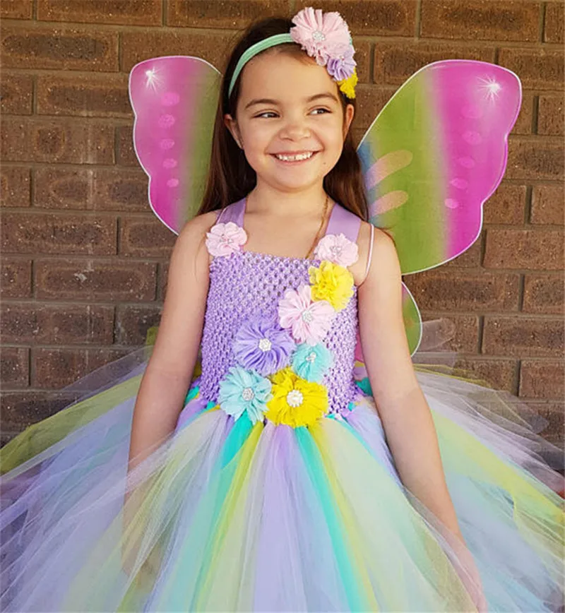 Girls Fairy Tutu Dress Baby Fluffy Tulle Flower Ballet Tutus with Butterfly Wings and Headband Kids Party Cosplay Costume | Детская