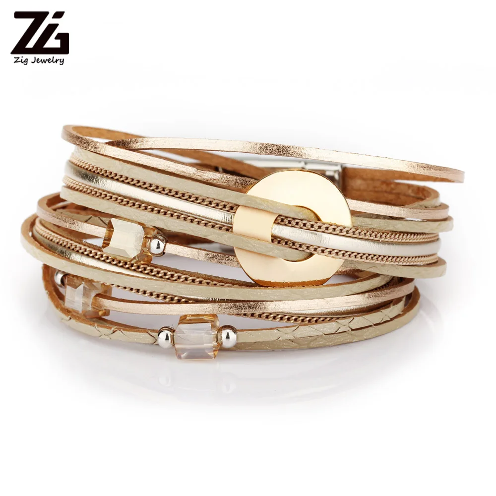 Модные женские браслеты ZG 2022 в 3 цветах из кожи с кристаллическими бусинами и металлическими подвесками.