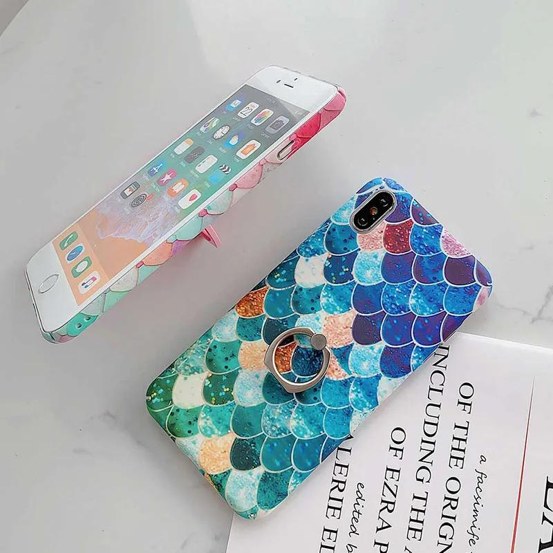 Boucho Colorful Ainbow Mermaid Scales Pattern Case For Apple iphone XS MAX XR X 7 8 plus 6 6s Phone With Finger Ring |