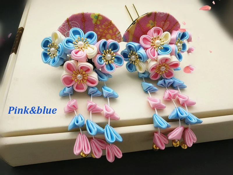 Новое японское кимоно Sakura ручной работы, аксессуары для волос для девочек, заколка с украшениями, розовый/красный/синий/желтый