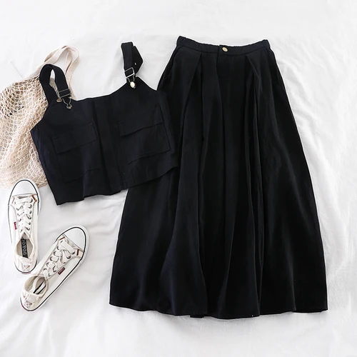 black sets Neploe, летняя юбка, комплект одежды для женщин, однотонный, без рукавов, короткий топ+ юбка, костюм для женщин, комплект из 2 предметов, модные женские одинаковые наряды - Цвет: black sets