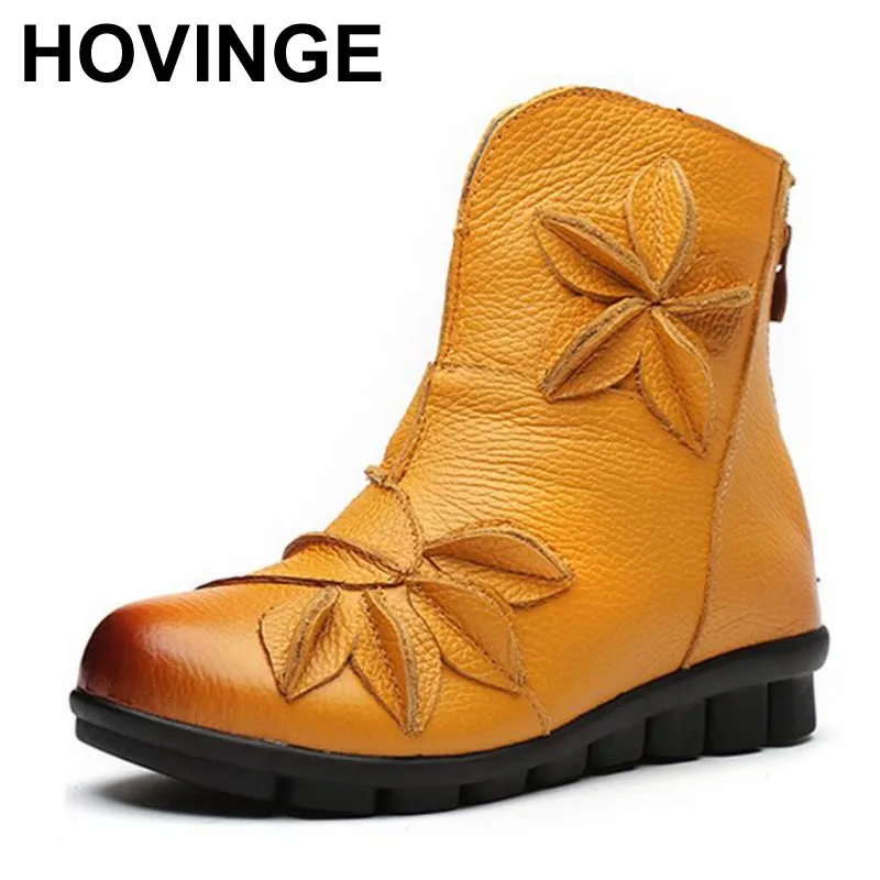 

HOVINGE Women's Ankle Boots Soft Flats Shoes Fashion Women Autumn Winter Genuine Leather Shoes Female Plus Big Large Size Boots