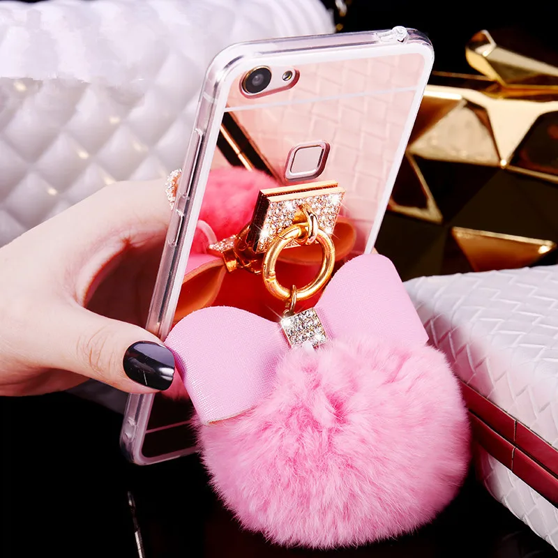 Ainike Soft Rabbit Fur Ball Bowknot Bling Diamond Tassel Mirror TPU Phone Cover Case For Vivo U1 Z3X Y91 Y85 Y73 Y66 Y31 X30Pro |