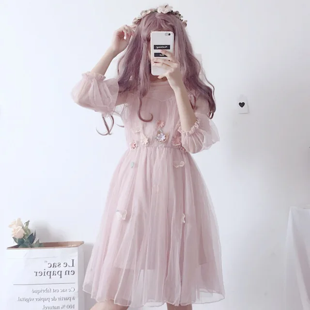 Розовый Adomoe женское летнее милое японское кружевное платье Kawaii с цветочным принтом в винтажном стиле, мягкое платье для молодых девушек Vestidos, комплект из двух предметов - Цвет: Розовый