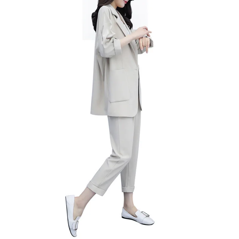 

Casual Solid Women Pant Suits Notched Collar Blazer Jacket & Pencil Pant Khaki Female Suit Autumn 2020 high quality