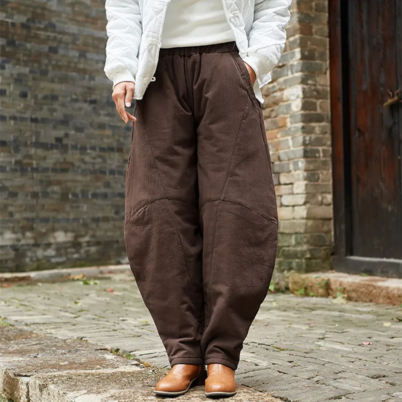 Johnature 2019 New Thicken Winter Warm Women Solid Color Cotton Linen Loose Pants Vintage Elastic Wait 3 Colors Lantern | Женская одежда