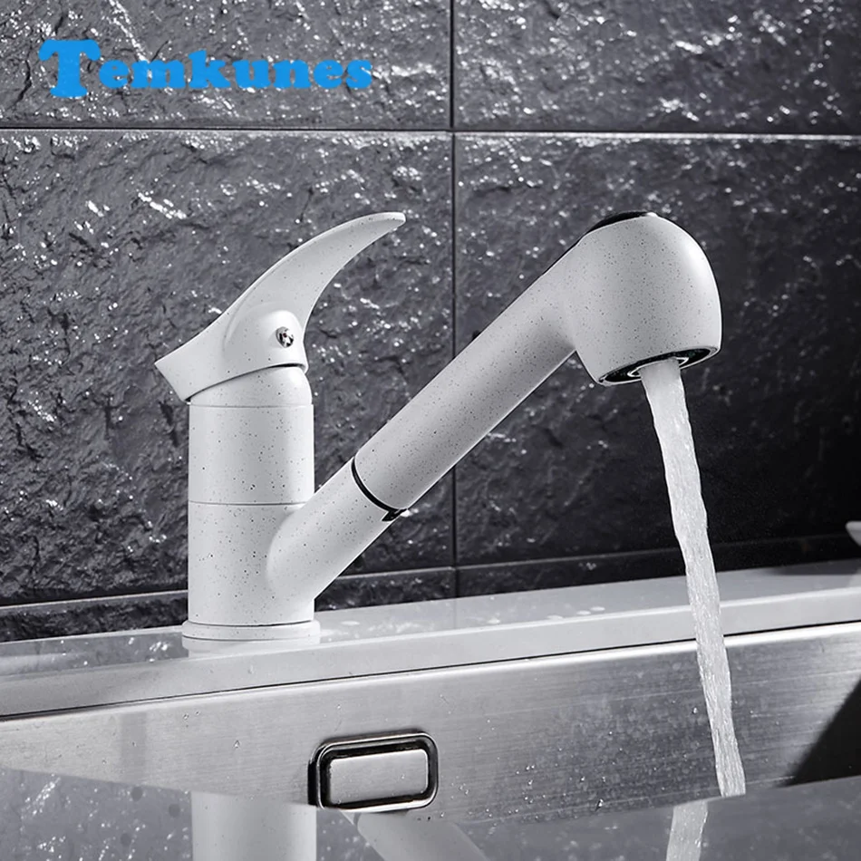 

Temkunes White Kitchen Faucet European Style Pull Out/Down Faucet Rotatable Kitchen Sink Cold-Hot Bathroom Faucet Bath Faucet