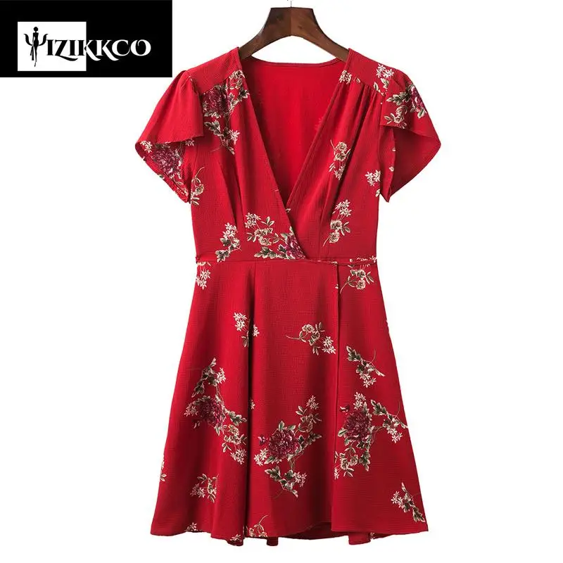 Boho Style Mini Dress Women Deep V Sexy Beach Summer Dresses Floral Print Vintage Chiffon White Dropped vestidos SZQ300 | Женская одежда