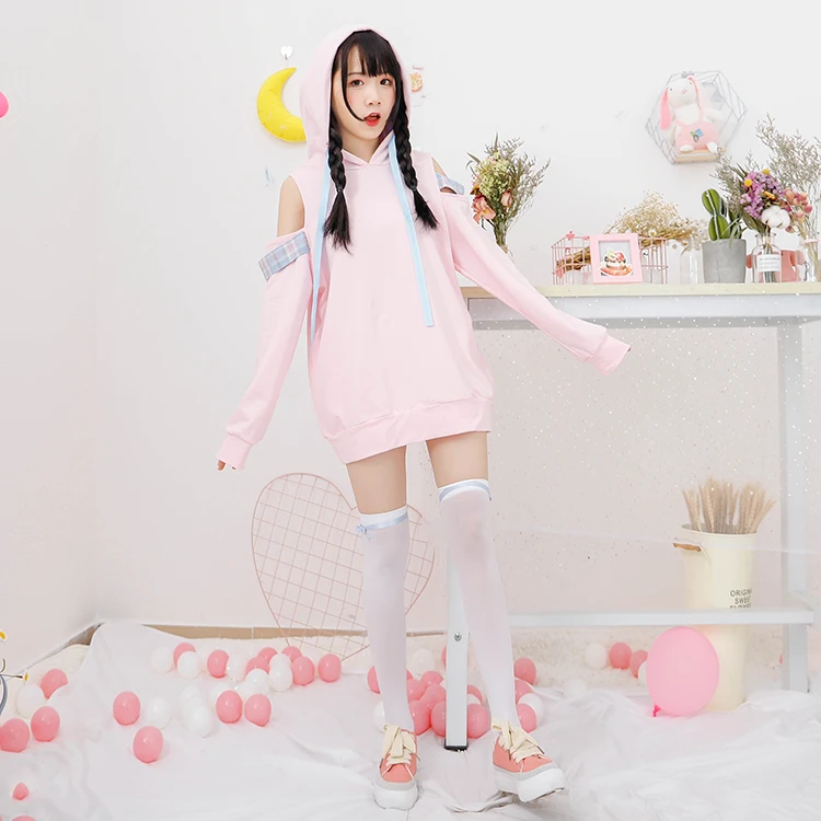 Япония Косплей каваи толстовки Harajuku Лолита милые с открытыми плечами клетчатые женские розовые Кофты модные на шнуровке Сексуальные Девушки пуловер