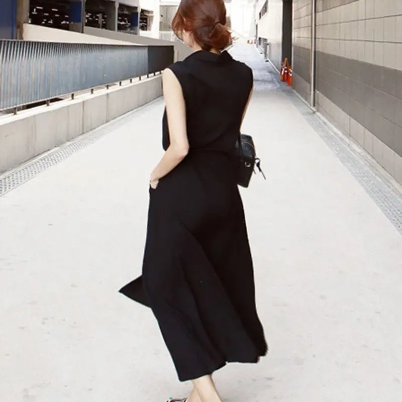 Корейское модное платье-рубашка женское без рукавов сексуальное с разрезом и