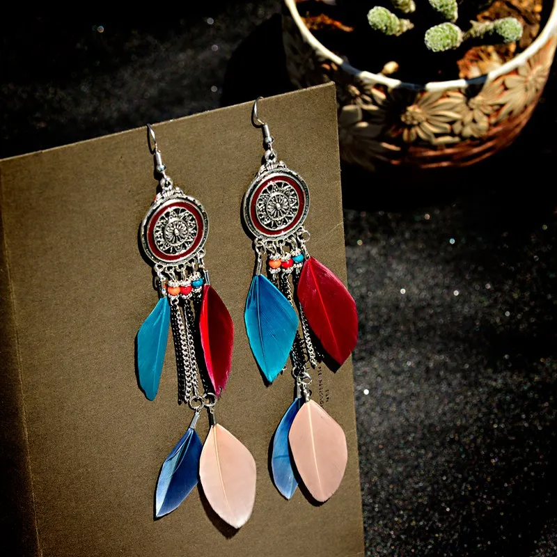 Модные женские этнические богемные бохо серьги с перьями тибетские ювелирные