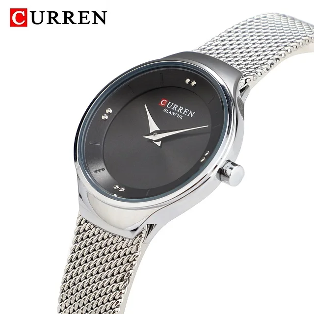 Silver Black CURREN Роскошные женские часы золотые/серебряные из нержавеющей стали с сетчатым ремешком Аналоговые Кварцевые часы Женские Простые повседневные часы Reloj Mujer - Цвет: Silver Black