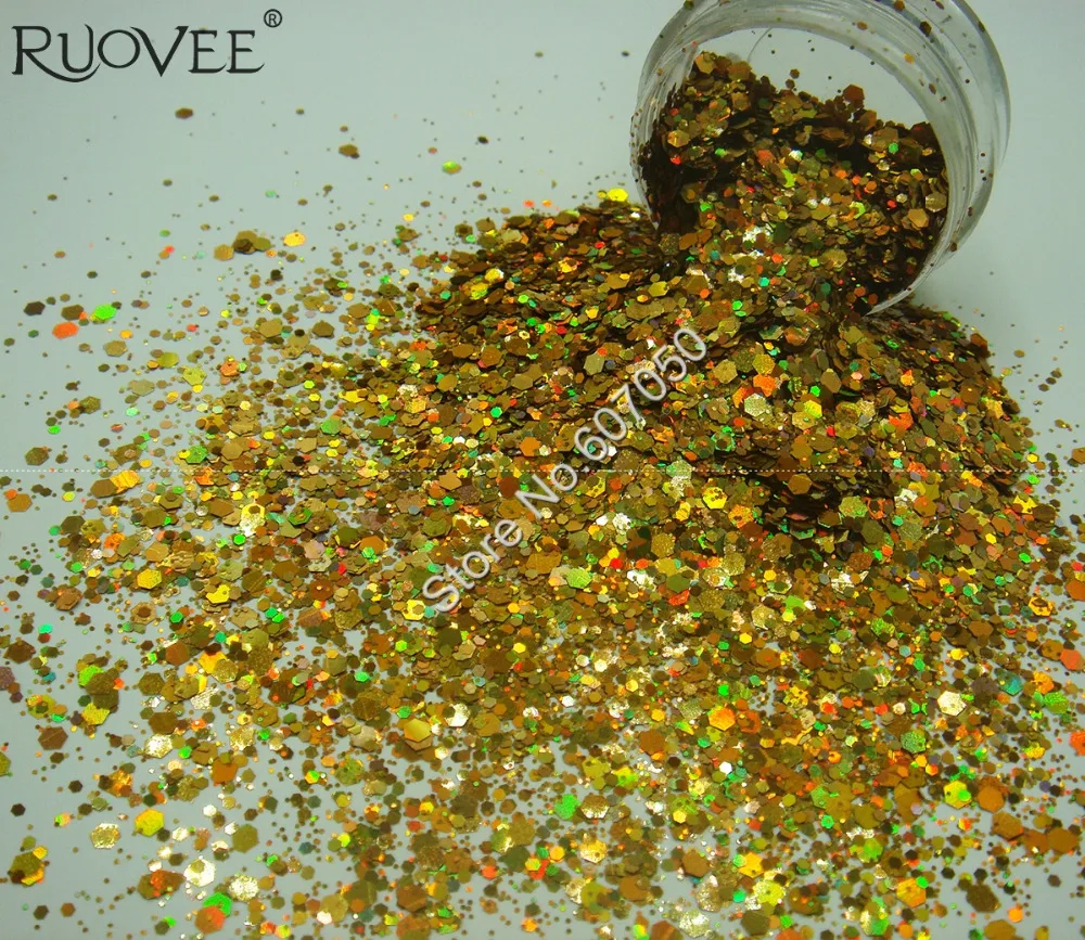 Голографический лазер золотого цвета блеск для ногтей Микс фотоблесток форма