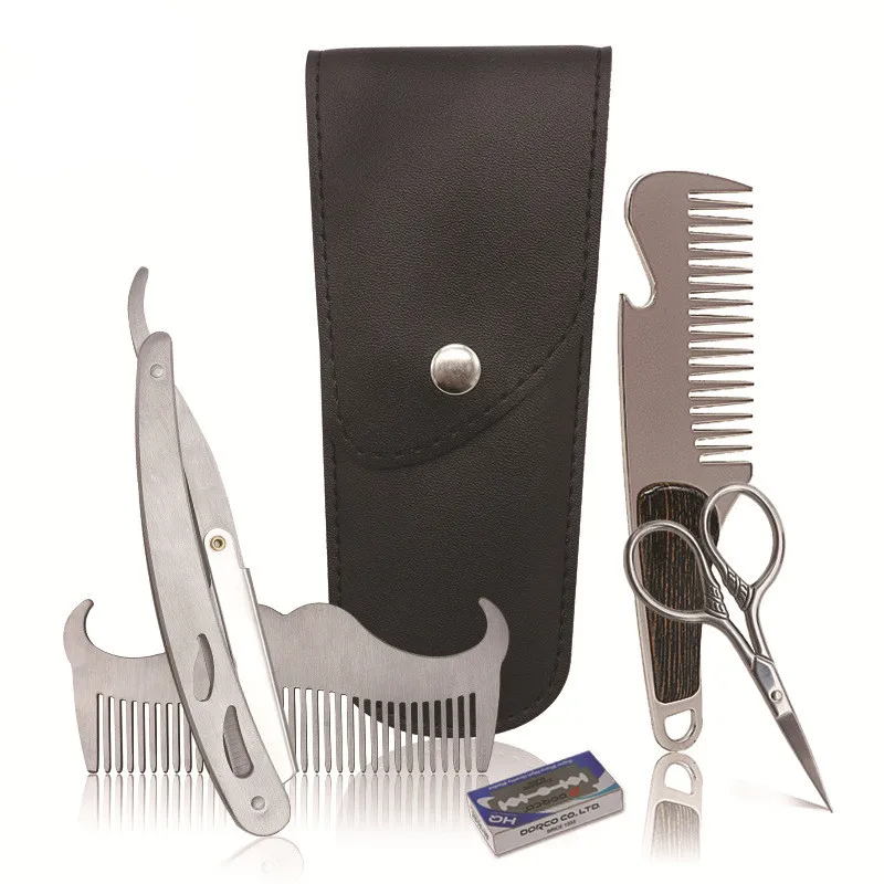 4PCS SET Мужская Парикмахерская бритва Cesto, ножницы для стрижки и ухода за бородой, набор расчесок с полиуретановым чехлом, профессиональный набор для ухода за бородой для мужчин - Цвет: 4PCS SET