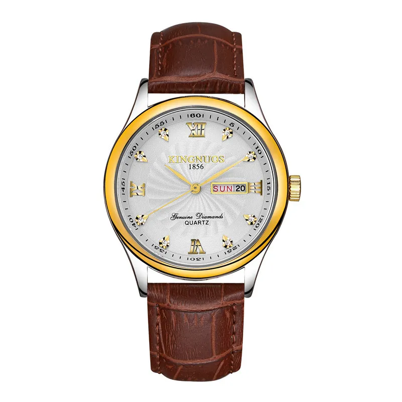 Brown Leather white Мужские часы от ведущего бренда, роскошные часы из нержавеющей стали, часы с датой недели, водонепроницаемые мужские кварцевые часы, деловые мужские часы с бриллиантами Horloge - Цвет: Brown Leather white