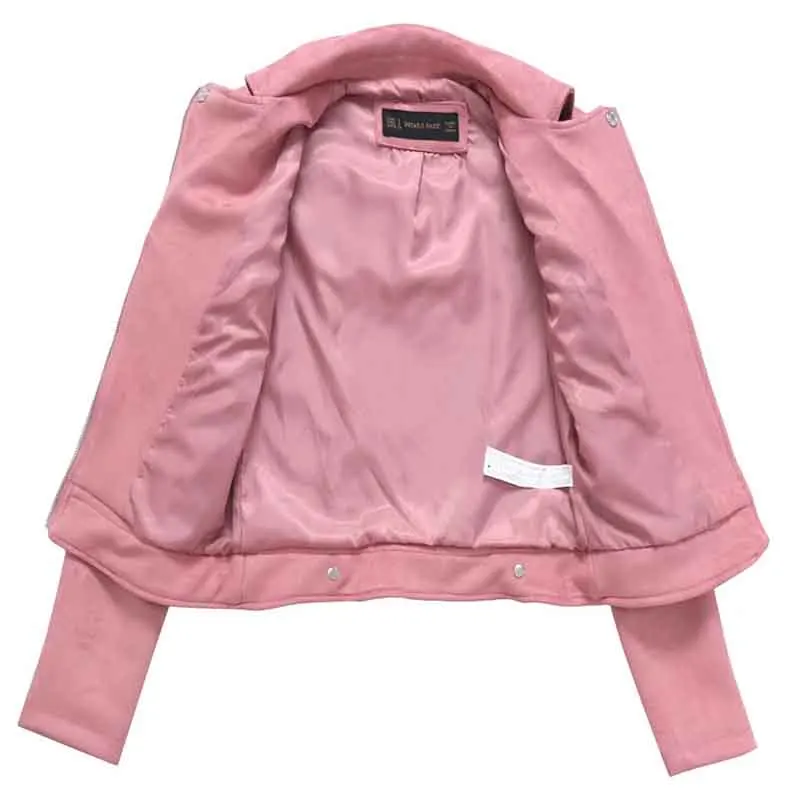 

Klacwaya 2019 Autumn Women Faux Suede Leather Biker Jackets Long Sleeve Tassel Zipper Suede Streetwear Hollow Out Pink coat