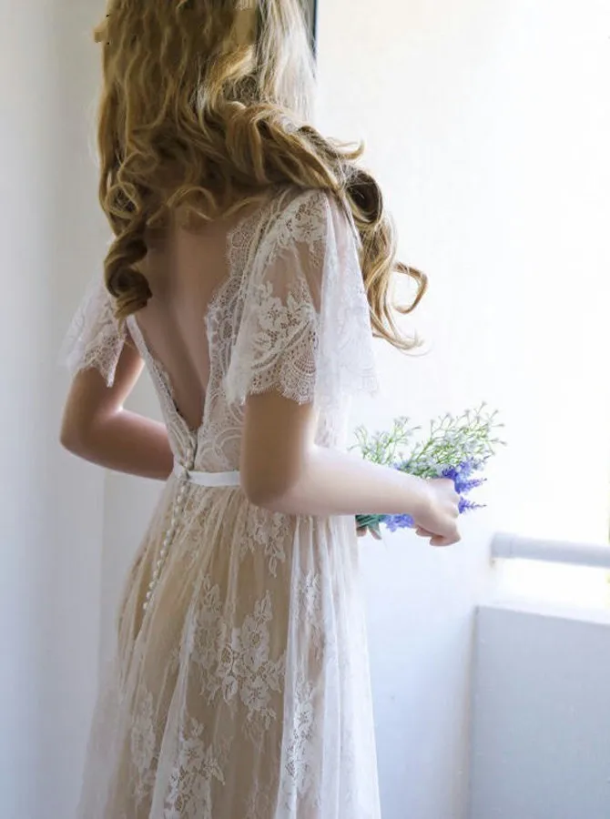 Vestido De Noiva/ кружевное богемное пляжное свадебное платье с v-образным вырезом и открытой спиной; Vestido De Noiva; Свадебные платья с коротким рукавом
