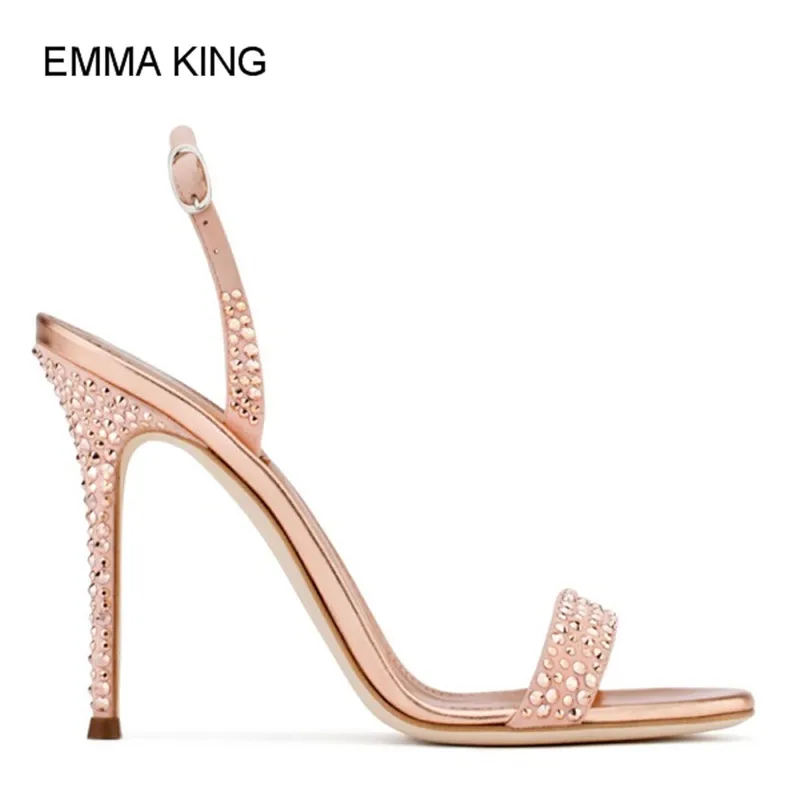 Emma king/ стиль; элегантные женские босоножки с кристаллами; цвет РОЗОВЫЙ, золотистый; женские Вечерние туфли на высоком тонком каблуке с круглым носком и ремешком сзади