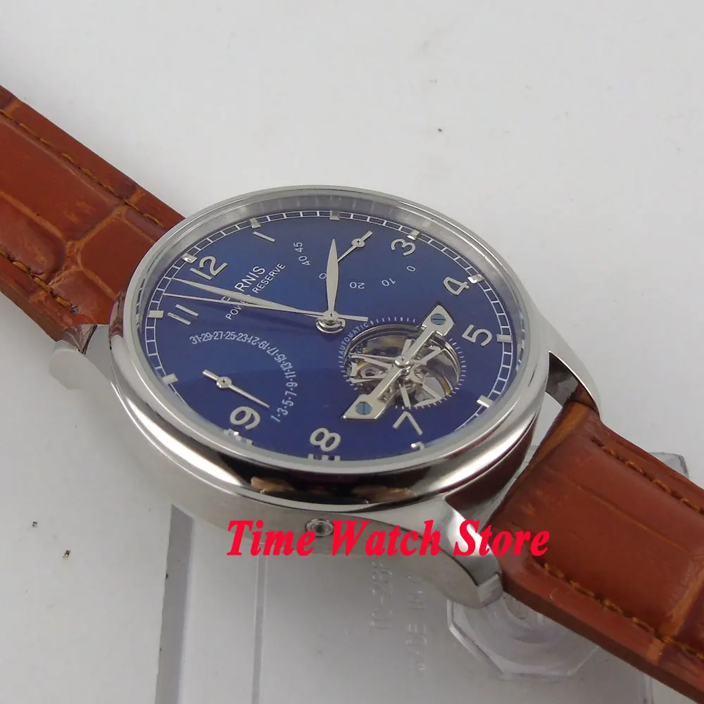 Часы Parnis 43 мм с синим циферблатом и датой резервным запасом энергии коричневым