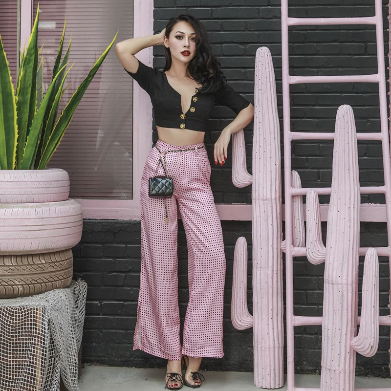 

2018 Summer Stylish Satin Wide Leg Pants Women Cool Bottom Slits Dot Polka Pattern Comfort no Stretch