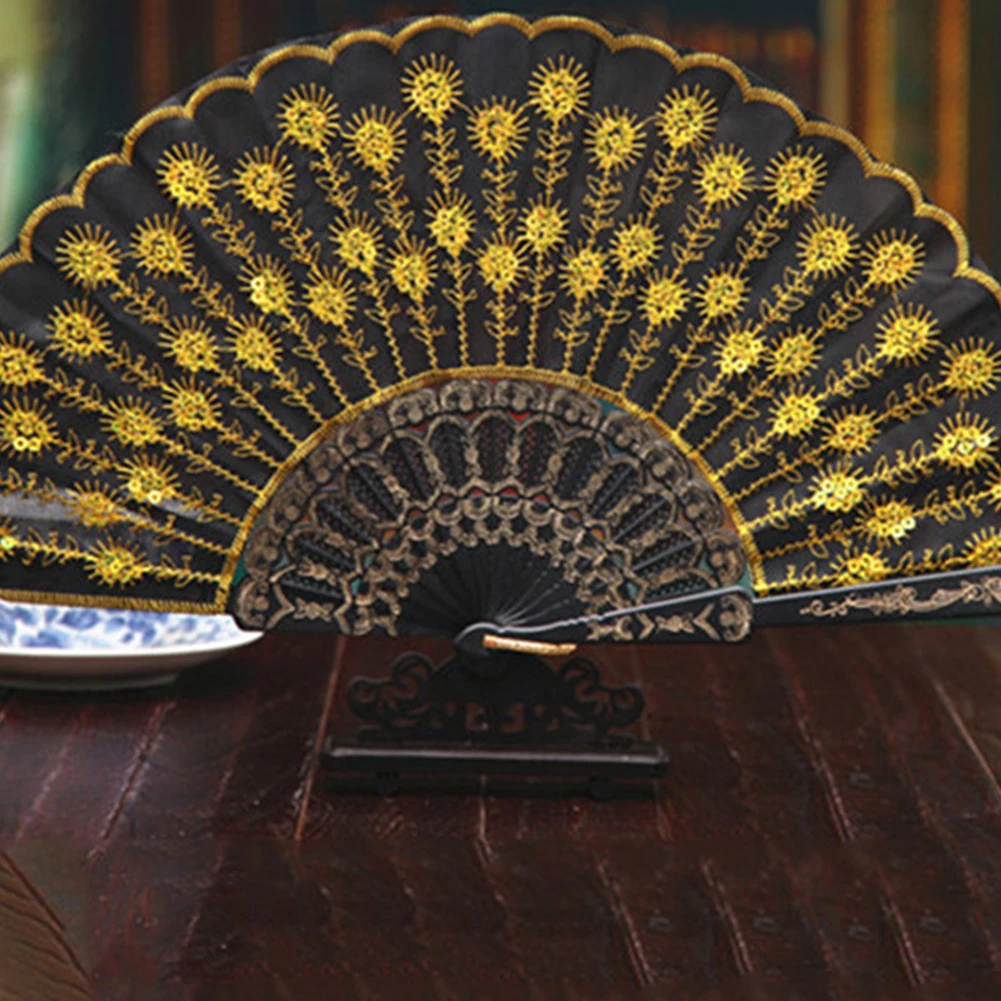 Women Glitter Fan Chic Golden Sequins Hand Fan Practical Lady Embroidered Foldable Fan Colorful