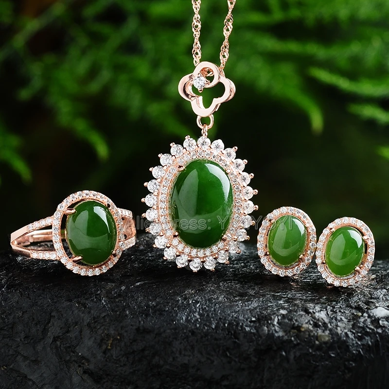 

Beautiful 925 Silver Natural Green HeTian Jade Round Beads Inlay Lucky Pendant Neckl;ace Earring Ring Woman's Fine Jewelry Set