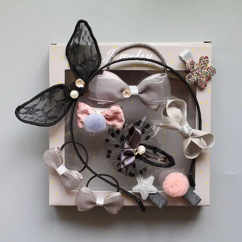 with gift box MIXIU 10 шт. набор аксессуаров для волос для девочек модные кружевные кроличьи ушки заколка для волос в форме короны Эластичный Бант на резиновом ремешке - Цвет: with gift box
