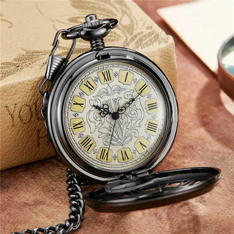 Retro Hollow Skeleton Steampunk Pattern Design Mechanical Pocket Watch Mens  Roman Numerals Hand Wind Fob Chain Clock Male