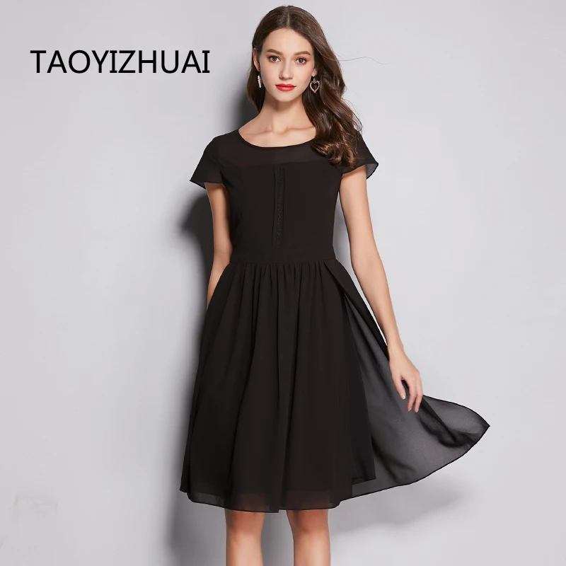 Новое поступление летнее модное черное однотонное платье TAOYIZHUAI с круглым