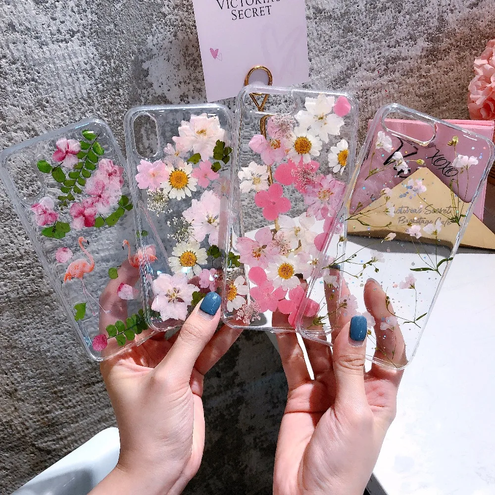 New Flamingo Mum Real Dry Flower Transparent Hard Case For Apple iphone 6 7 8 Plus X XR XS Max Cover 6plus 7P 8plus XsMax Cases | Мобильные